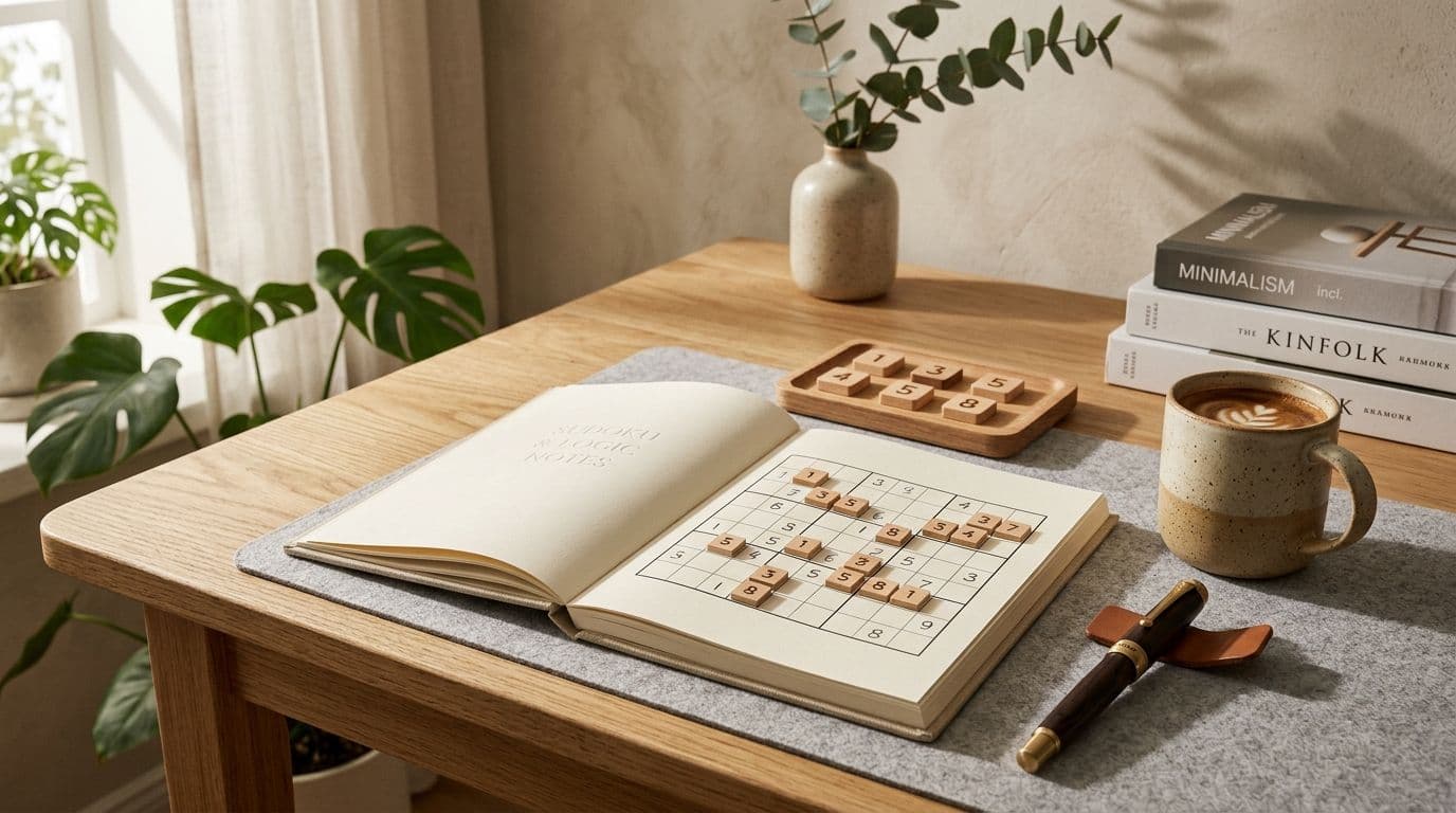 Grandmaster Sudoku solving setup with notebook, wooden number tiles and morning coffee